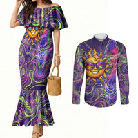 Waimanalo Hawaii Sun Rabbit Couples Matching Mermaid Dress and Long Sleeve Button Shirt Psychedelic Trippy Neon Swirl Graphic