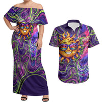 Waimanalo Hawaii Sun Rabbit Couples Matching Off Shoulder Maxi Dress and Hawaiian Shirt Psychedelic Trippy Neon Swirl Graphic