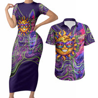 Waimanalo Hawaii Sun Rabbit Couples Matching Short Sleeve Bodycon Dress and Hawaiian Shirt Psychedelic Trippy Neon Swirl Graphic