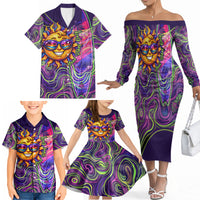 Waimanalo Hawaii Sun Rabbit Family Matching Off The Shoulder Long Sleeve Dress and Hawaiian Shirt Psychedelic Trippy Neon Swirl Graphic