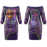 Waimanalo Hawaii Sun Rabbit Family Matching Off The Shoulder Long Sleeve Dress and Hawaiian Shirt Psychedelic Trippy Neon Swirl Graphic