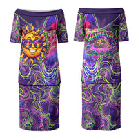 Waimanalo Hawaii Sun Rabbit Family Matching Puletasi and Hawaiian Shirt Psychedelic Trippy Neon Swirl Graphic