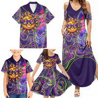 Waimanalo Hawaii Sun Rabbit Family Matching Summer Maxi Dress and Hawaiian Shirt Psychedelic Trippy Neon Swirl Graphic