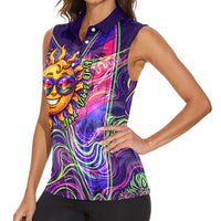 Waimanalo Hawaii Sun Rabbit Women Sleeveless Polo Shirt Psychedelic Trippy Neon Swirl Graphic