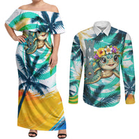 Hawaii Waimanalo Sea Turtle Couples Matching Off Shoulder Maxi Dress and Long Sleeve Button Shirt Cute Tropical Beach Aloha Spirit Cartoon