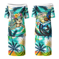Hawaii Waimanalo Sea Turtle Couples Matching Puletasi and Long Sleeve Button Shirt Cute Tropical Beach Aloha Spirit Cartoon