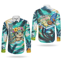 Hawaii Waimanalo Sea Turtle Couples Matching Summer Maxi Dress and Long Sleeve Button Shirt Cute Tropical Beach Aloha Spirit Cartoon