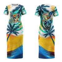 Hawaii Waimanalo Sea Turtle Family Matching Short Sleeve Bodycon Dress and Hawaiian Shirt Cute Tropical Beach Aloha Spirit Cartoon