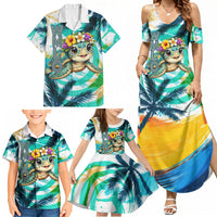 Hawaii Waimanalo Sea Turtle Family Matching Summer Maxi Dress and Hawaiian Shirt Cute Tropical Beach Aloha Spirit Cartoon