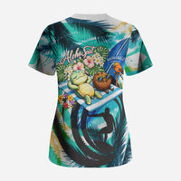 Hawaii Waimanalo Sea Turtle Scrub Top Cute Tropical Beach Aloha Spirit Cartoon