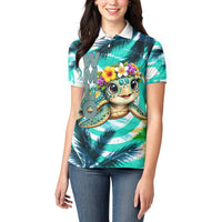 Hawaii Waimanalo Sea Turtle Women Polo Shirt Cute Tropical Beach Aloha Spirit Cartoon
