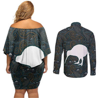 New Zealand is Calling and I Must Go Couples Matching Off Shoulder Short Dress and Long Sleeve Button Shirt Kiwi Bird Silhouette