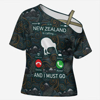 New Zealand is Calling and I Must Go Cross Shoulder Shirt Kiwi Bird Silhouette
