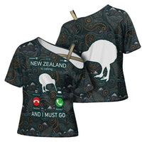 New Zealand is Calling and I Must Go Cross Shoulder Shirt Kiwi Bird Silhouette