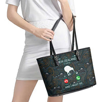 New Zealand is Calling and I Must Go Leather Tote Bag Kiwi Bird Silhouette