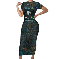 New Zealand is Calling and I Must Go Short Sleeve Bodycon Dress Kiwi Bird Silhouette