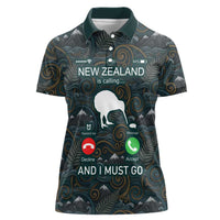 New Zealand is Calling and I Must Go Women Polo Shirt Kiwi Bird Silhouette