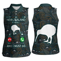 New Zealand is Calling and I Must Go Women Sleeveless Polo Shirt Kiwi Bird Silhouette
