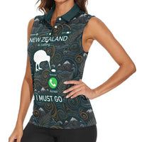 New Zealand is Calling and I Must Go Women Sleeveless Polo Shirt Kiwi Bird Silhouette
