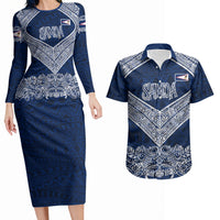 American Samoa Eagle Couples Matching Long Sleeve Bodycon Dress and Hawaiian Shirt Sea Turtle Traditional Polynesian Tribal Tattoo