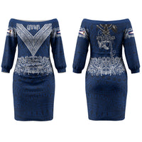 American Samoa Eagle Couples Matching Off The Shoulder Long Sleeve Dress and Hawaiian Shirt Sea Turtle Traditional Polynesian Tribal Tattoo
