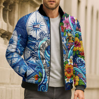 American Samoa Pago Pago Bomber Puffer Jacket Sea Turtle And Fruit Bat - Tropical Hibiscus Flowers Polynesian