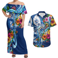 American Samoa Pago Pago Couples Matching Off Shoulder Maxi Dress and Hawaiian Shirt Sea Turtle And Fruit Bat - Tropical Hibiscus Flowers Polynesian