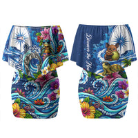 American Samoa Pago Pago Couples Matching Off Shoulder Short Dress and Hawaiian Shirt Sea Turtle And Fruit Bat - Tropical Hibiscus Flowers Polynesian