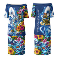 American Samoa Pago Pago Couples Matching Puletasi and Long Sleeve Button Shirt Sea Turtle And Fruit Bat - Tropical Hibiscus Flowers Polynesian