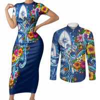 American Samoa Pago Pago Couples Matching Short Sleeve Bodycon Dress and Long Sleeve Button Shirt Sea Turtle And Fruit Bat - Tropical Hibiscus Flowers Polynesian