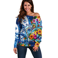 American Samoa Pago Pago Off Shoulder Sweater Sea Turtle And Fruit Bat - Tropical Hibiscus Flowers Polynesian