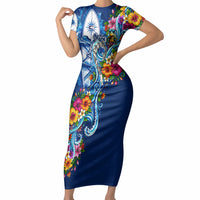 American Samoa Pago Pago Short Sleeve Bodycon Dress Sea Turtle And Fruit Bat - Tropical Hibiscus Flowers Polynesian