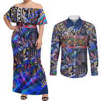 American Samoa Warrior Couples Matching Off Shoulder Maxi Dress and Long Sleeve Button Shirt Polynesian Fruit Bat Talofa Urban Graffiti Street Art