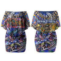 American Samoa Warrior Couples Matching Off Shoulder Short Dress and Hawaiian Shirt Polynesian Fruit Bat Talofa Urban Graffiti Street Art
