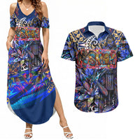 American Samoa Warrior Couples Matching Summer Maxi Dress and Hawaiian Shirt Polynesian Fruit Bat Talofa Urban Graffiti Street Art