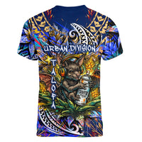American Samoa Warrior Women V-Neck T-Shirt Polynesian Fruit Bat Talofa Urban Graffiti Street Art