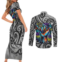 Chur Bro Shaka Sign Couples Matching Short Sleeve Bodycon Dress and Long Sleeve Button Shirt New Zealand Koru Colorful Graffiti Splash