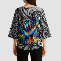 Chur Bro Shaka Sign Kimono Sleeve Blouse New Zealand Koru Colorful Graffiti Splash