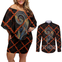 Tu Meke Maori New Zealand Slang Couples Matching Off Shoulder Short Dress and Long Sleeve Button Shirt with Glow Neon Step Style TS04 Black Orange - Polynesian Pride