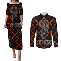 Tu Meke Maori New Zealand Slang Couples Matching Puletasi and Long Sleeve Button Shirt with Glow Neon Step Style TS04 Black Orange - Polynesian Pride