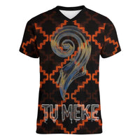 Tu Meke Maori New Zealand Slang Women V-Neck T-Shirt with Glow Neon Step Style TS04 Female Black Orange - Polynesian Pride