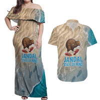 Kiwi Jandal Beach Life Couples Matching Off Shoulder Maxi Dress and Hawaiian Shirt New Zealand Flip Flops Ocean Wave Surf Style