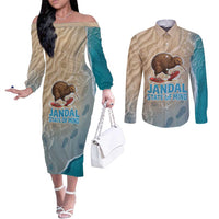 Kiwi Jandal Beach Life Couples Matching Off The Shoulder Long Sleeve Dress and Long Sleeve Button Shirt New Zealand Flip Flops Ocean Wave Surf Style