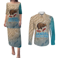 Kiwi Jandal Beach Life Couples Matching Puletasi and Long Sleeve Button Shirt New Zealand Flip Flops Ocean Wave Surf Style TS04 Beige Cyan - Polynesian Pride