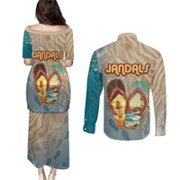 Kiwi Jandal Beach Life Couples Matching Puletasi and Long Sleeve Button Shirt New Zealand Flip Flops Ocean Wave Surf Style TS04 - Polynesian Pride