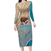 Kiwi Jandal Beach Life Family Matching Long Sleeve Bodycon Dress and Hawaiian Shirt New Zealand Flip Flops Ocean Wave Surf Style TS04 Mom's Dress Beige Cyan - Polynesian Pride
