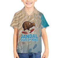 Kiwi Jandal Beach Life Family Matching Long Sleeve Bodycon Dress and Hawaiian Shirt New Zealand Flip Flops Ocean Wave Surf Style TS04 Son's Shirt Beige Cyan - Polynesian Pride