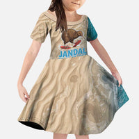 Kiwi Jandal Beach Life Family Matching Off Shoulder Maxi Dress and Hawaiian Shirt New Zealand Flip Flops Ocean Wave Surf Style TS04 Daughter's Dress Beige Cyan - Polynesian Pride