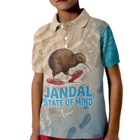 Kiwi Jandal Beach Life Kid Polo Shirt New Zealand Flip Flops Ocean Wave Surf Style TS04 Kid Beige Cyan - Polynesian Pride