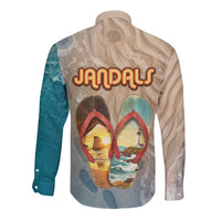 Kiwi Jandal Beach Life Long Sleeve Button Shirt New Zealand Flip Flops Ocean Wave Surf Style